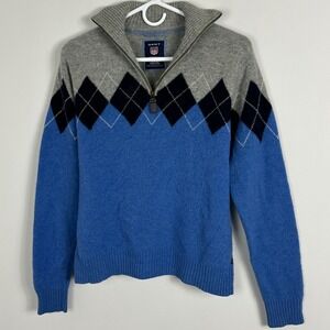 Gant 100% Lambswool Argyle Quarter Zip Sweater Mens Size Small Blue‎ Grey Knit S